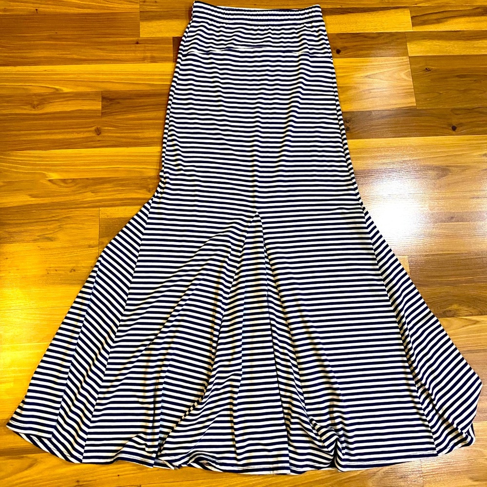 Fit and Flare Navy Striped Maxi Skirt